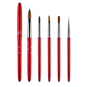 6Pcs Red Nail Art Brush Set with Rhinestone Handle – Acrylic UV Gel Nail Brush Kit for Professional Nail Design & Drawing