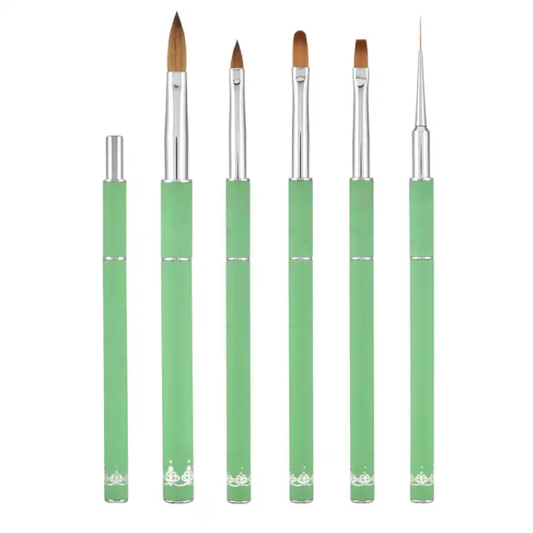 6PCS Green Nail Art Brush Set – Professional Acrylic & Gel Nail Brushes for 3D Nail Art, Detailing, Liner & Painting – Reusable Nail Design Tools with Elegant Handle