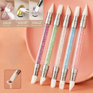 5PCS Silicone Nail Art Pen Set – Double-Ended Crystal Handle Dotting & Carving Tools for 3D Nail Design, Chrome Powder & Sticker Application