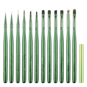 13Pcs Nail Art Brushes Set – Fine Detail Painting Liner & Gel Brush Kit for Acrylic UV Gel Nail Design, Green Metal Handle