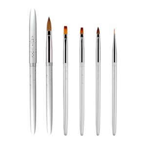6 Pcs Silver Nail Art Brush Set with Cap – Acrylic & Gel Nail Brushes for Professional Salon Use