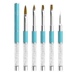 6-in-1 Professional Nail Art Brush Set with Blue Crystal Handle | Acrylic, Gel, Flat, Oval & Detail Liner Brushes