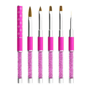 6 Pcs Pink Crystal Nail Art Brush Set with Cap – Acrylic & Gel Nail Brushes for Professional Salon Use