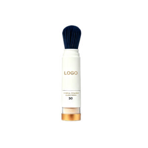private label mineral sunscreen powder brush with SPF 50 refillable tube packaging
